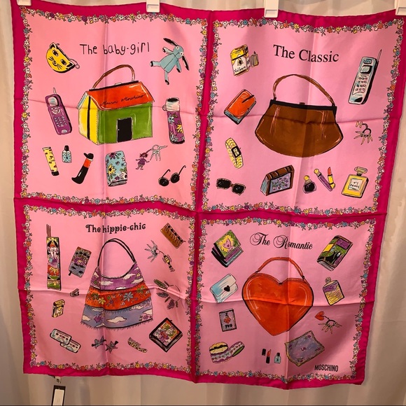 NWT authentic MOSCHINO Four Types of Women SILK SCARF bubble gum pink - Picture 2 of 12